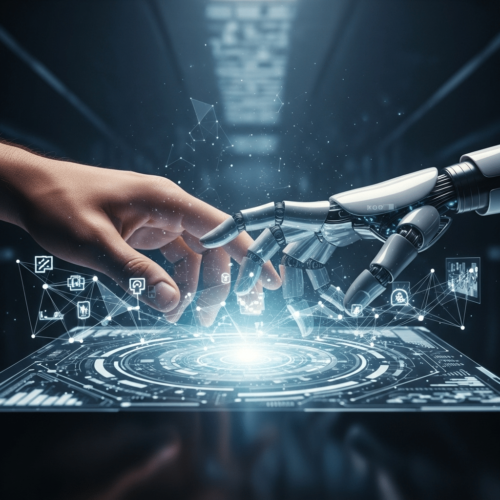 An abstract, conceptual image representing the partnership between human intellect and AI. A human hand and a sleek, robotic hand are working together over a glowing digital interface that shows interconnected data points and network lines. The background is dark and futuristic, emphasizing the light from the interface. Photorealistic, cinematic lighting
