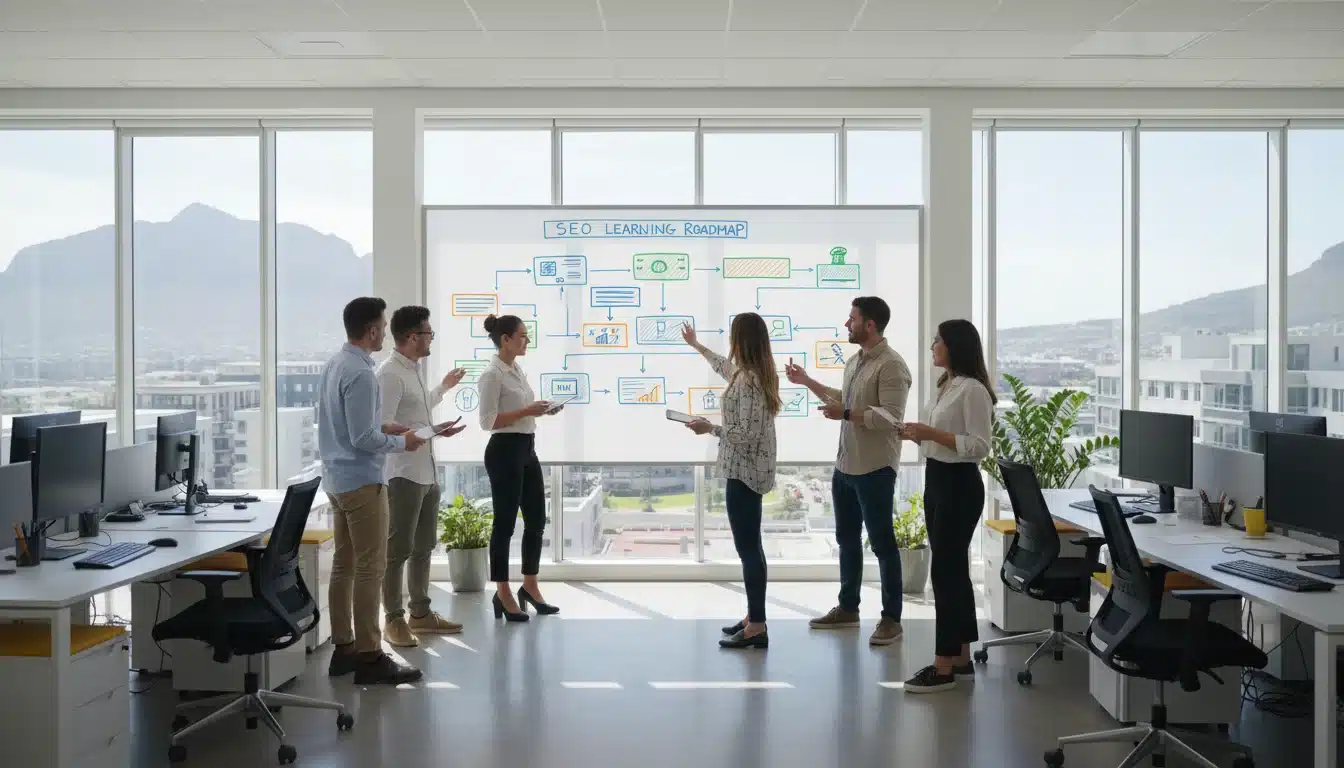 Home Page Digital marketing professionals in a Cape Town office discussing an SEO learning roadmap on a whiteboard.