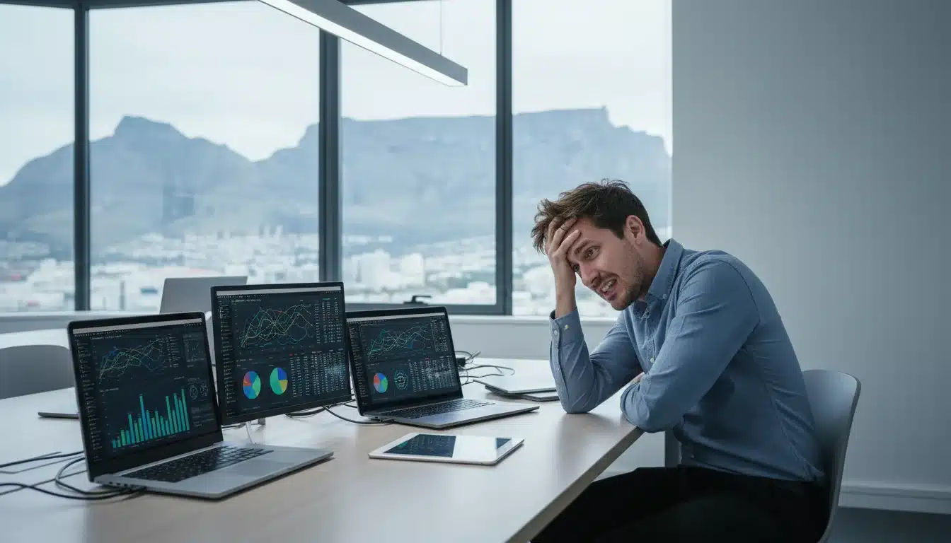 Home Page Digital marketing manager looking stressed at their desk with multiple complex PPC reports on screens