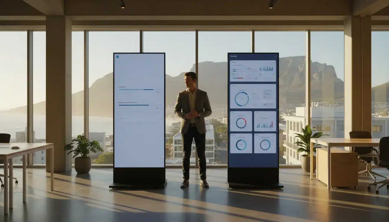 Home Page Entrepreneur in a modern office contemplating Google Ads budget options on two distinct screens.