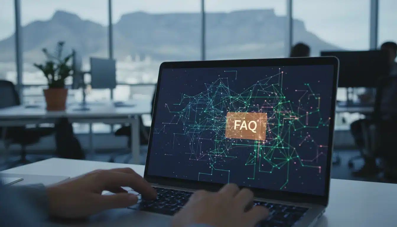 Close-up of a laptop screen showing abstract data with a highlighted FAQ schema section
