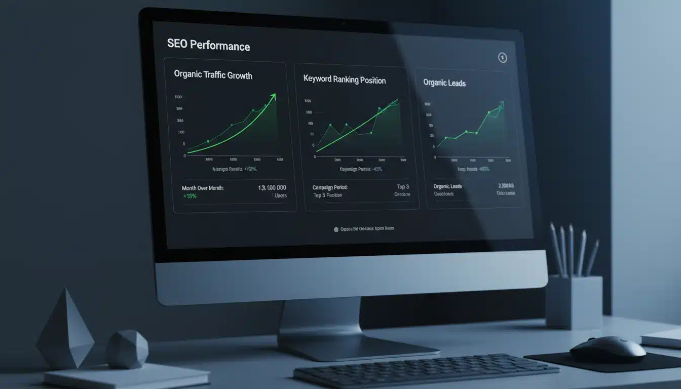 Close-up of a computer monitor displaying an SEO performance dashboard with organic traffic, keyword ranking, and lead data.