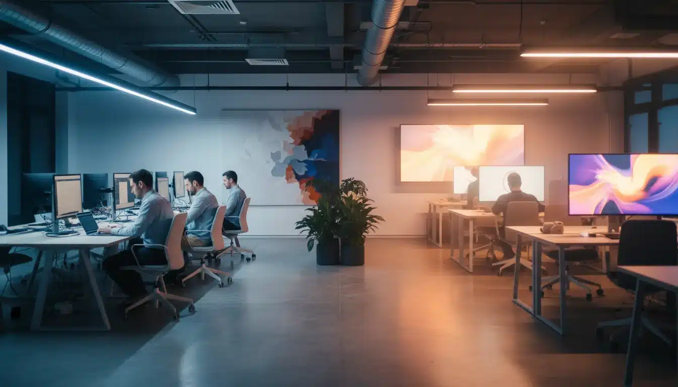 In-House SEO vs Agency: The Honest Pros and Cons a collaborative workspace, visually split between an in-house team and an abstract agency environment.