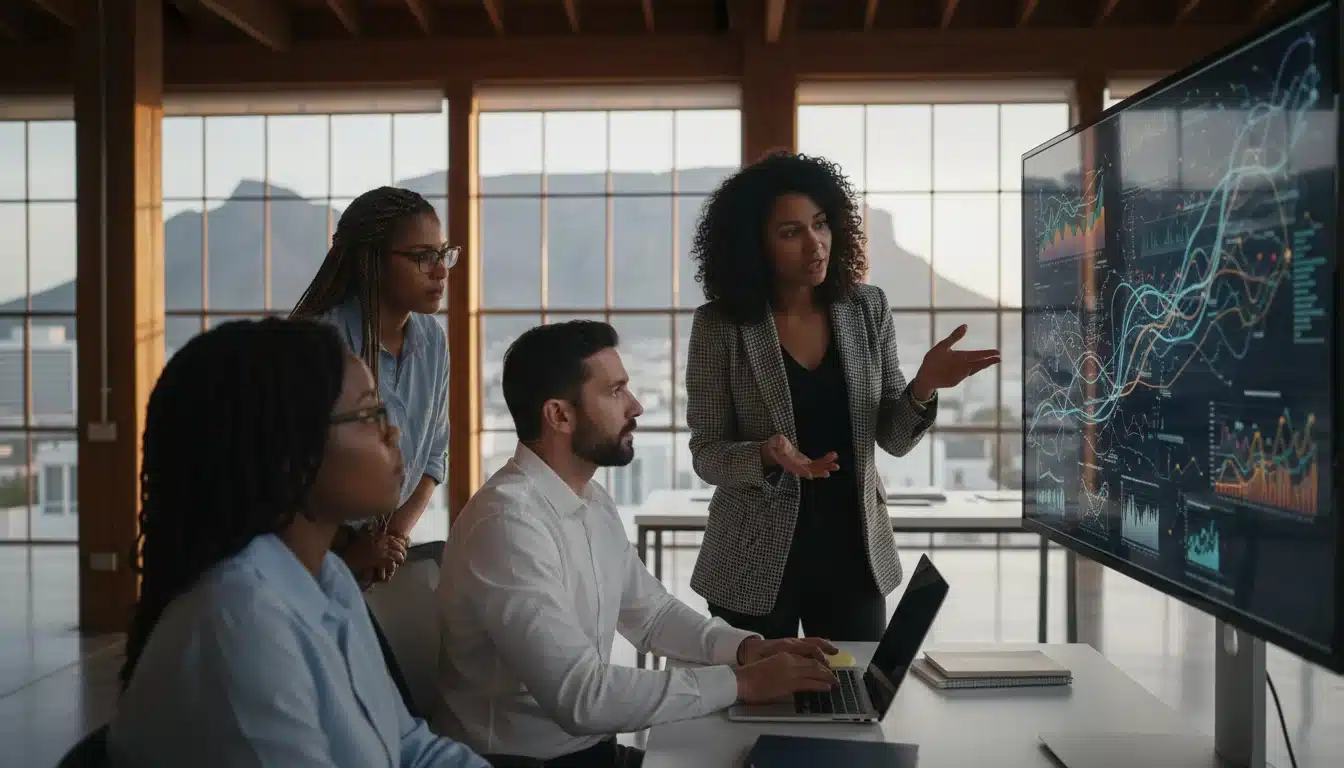 In-House SEO vs Agency: The Honest Pros and Cons A team of marketing professionals in a modern office collaborating around a large monitor displaying data graphs.