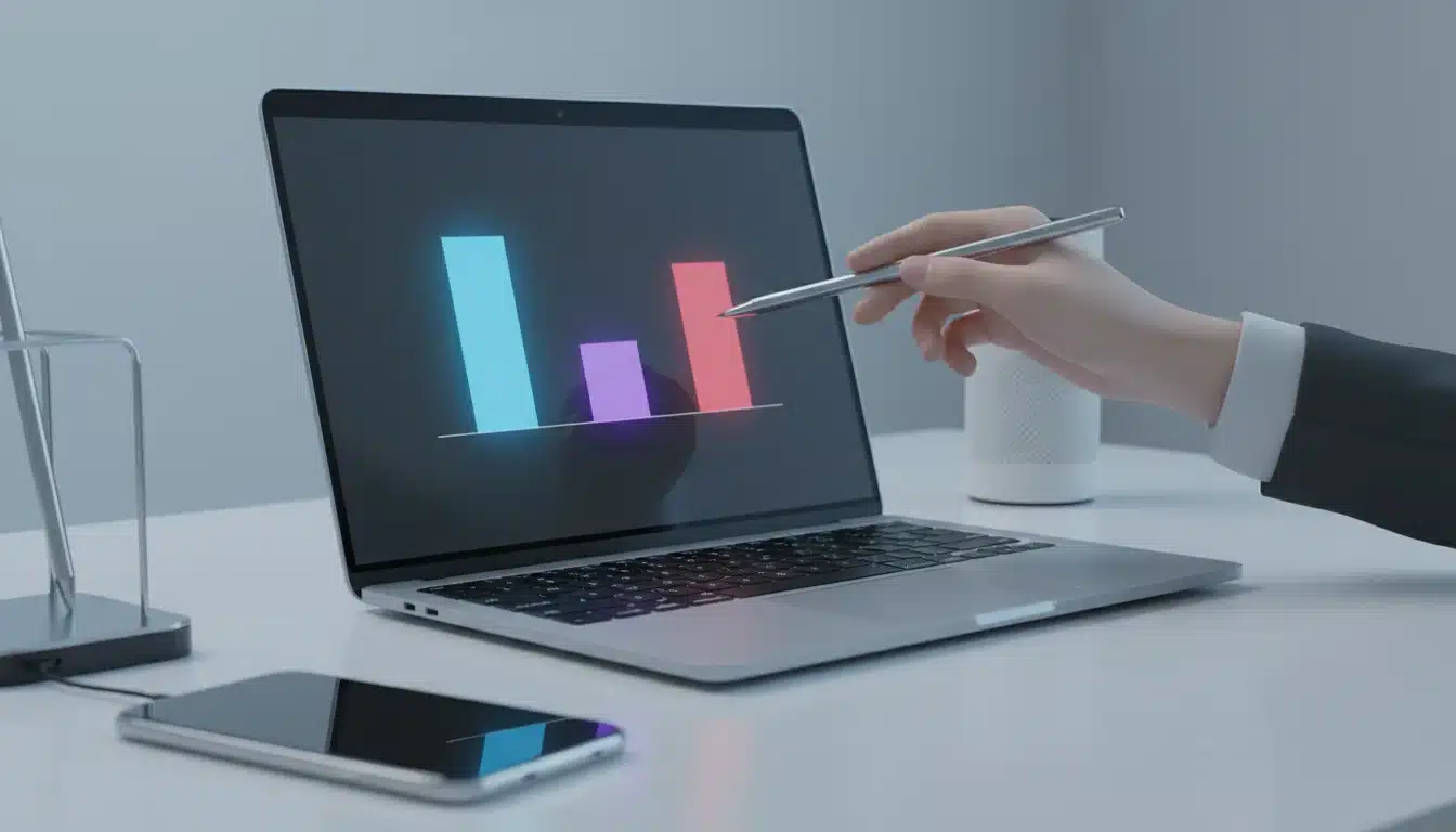 Home Page A hand points to a digital bar chart on a laptop screen showing marketing budget allocations.