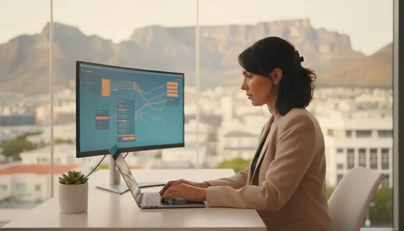 Home Page Digital marketer optimizing content on a laptop in a modern office, focused on structured data.