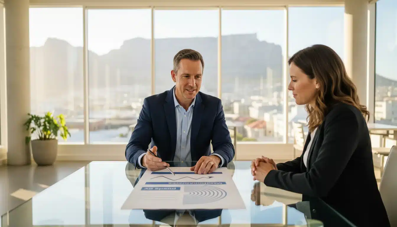 marketing professional in Cape Town explains a transparent invoice with separate management fees and ad spend.